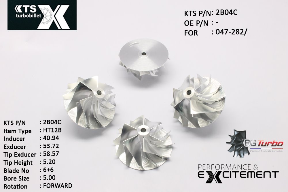 Turbo ROUE FORGÉE MFS PERFORMANCE - 6+6 PALES - INDUCER : 40,94 - EXDUCER : 53,72 - TYPE : HT12ANGLE : 60° - ROTATION : Forward - SUPER BACK : 0,18 - BORE SIZE : 5
